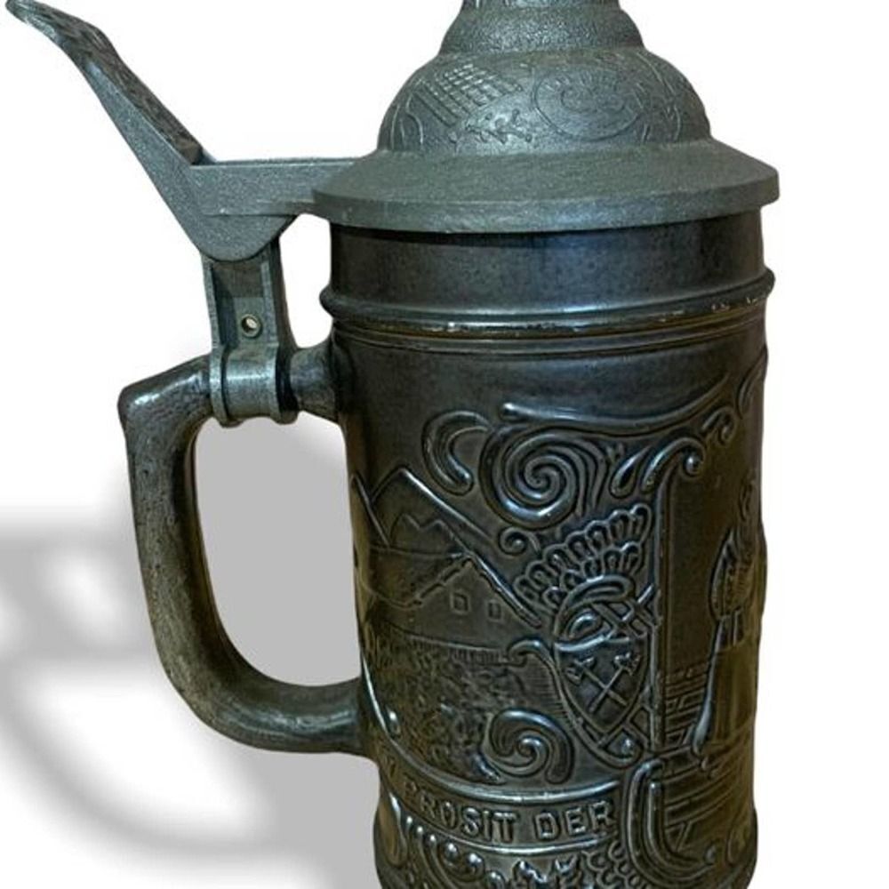 KW-264 Beer Stein "EIN PROSIT DER GEMUTLICHKEIT" Gun Metal grey GLASS Vintage 7”